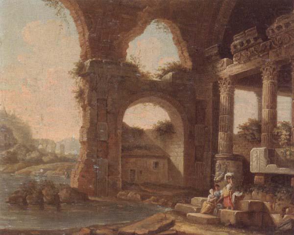 unknow artist An architectural capriccio with washerwomen by a river china oil painting image